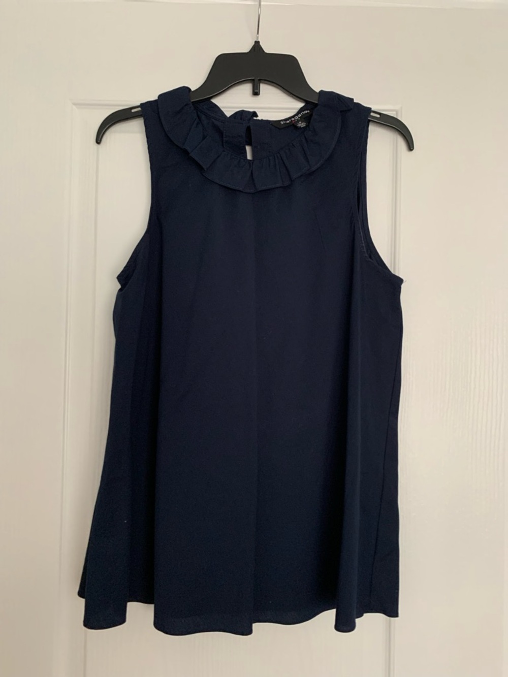 Sharagano Navy Ruffled Collar Sleeveless Top